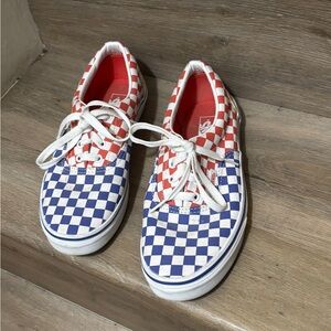 Vans Checkerboard Low-Top Sneakers in Red, Blue & White